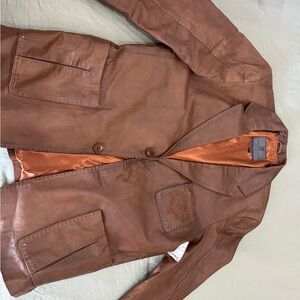 Men's Tan Brown Leather Shirt Jacket with Embossed Chest Patch